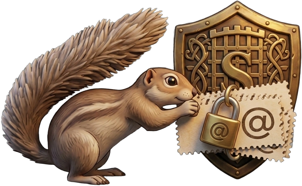 Super-Duper SquirrelMail crest — squirrel, shield, and locked mail